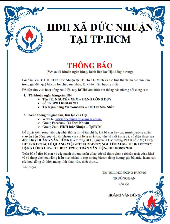 Thông báo về số tài khoản và kênh liên lạc của hội đồng hương đức nhuận